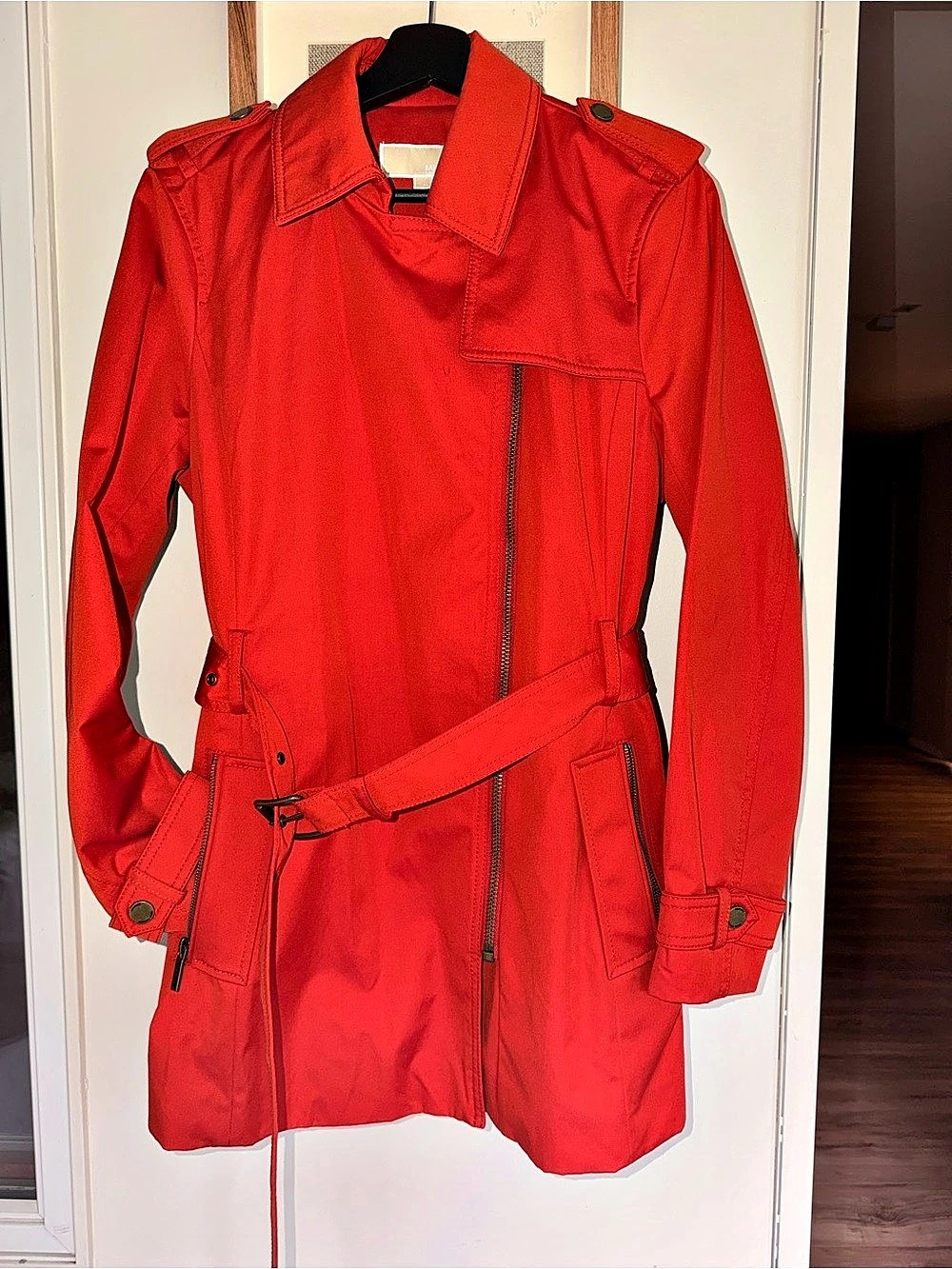 Michael Kors MICHAEL Kors Red Asymmetric Zip Belted Trench Coat MICHAEL Red